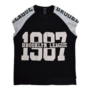Vintage Pullover Fleece Sweater Women's "Brooklyn League 1987" Cut out Sleeves